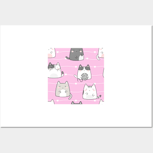 Kawaii Cute Cats Pattern Pink Posters and Art